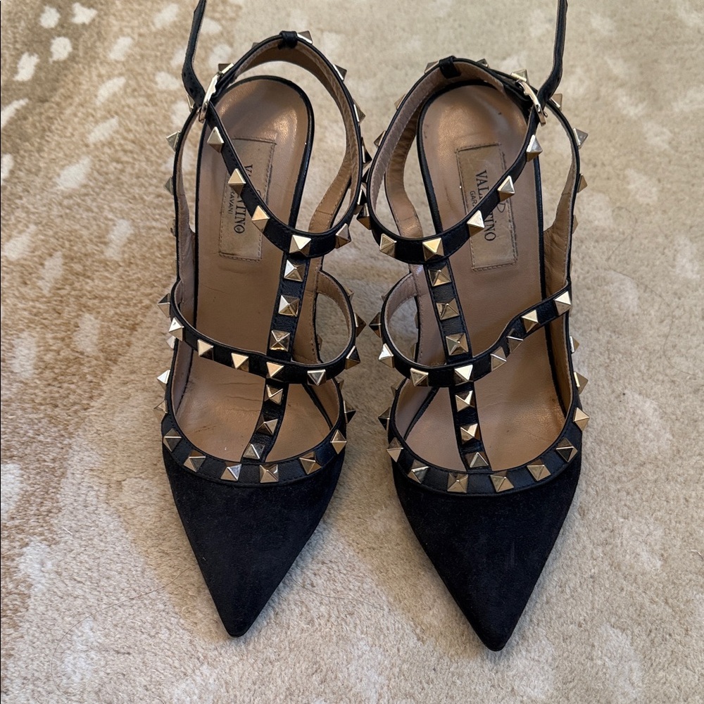 Valentino Black and Gold Studded Heels